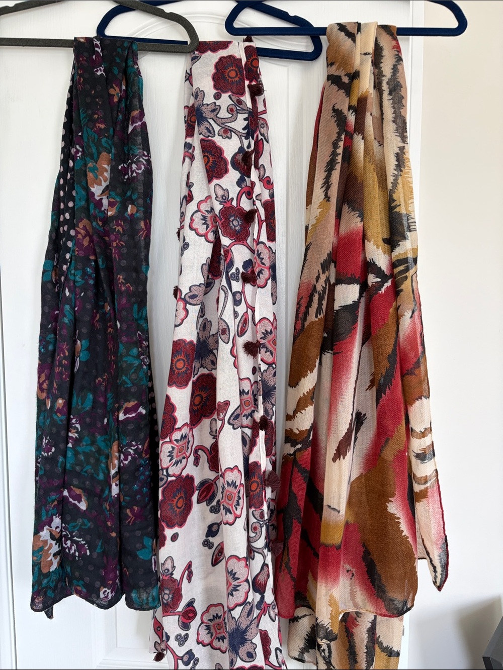 Esprit Trio of Patterned Lightweight Scarves in Teal, Burgundy & Tan
